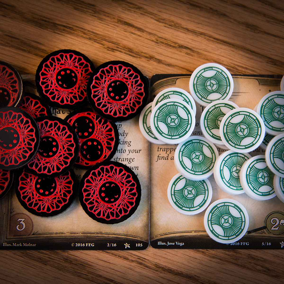 Doom Tokens and Clue Tokens piled high on top of Arkham Horror LCG Act and Agenda cards