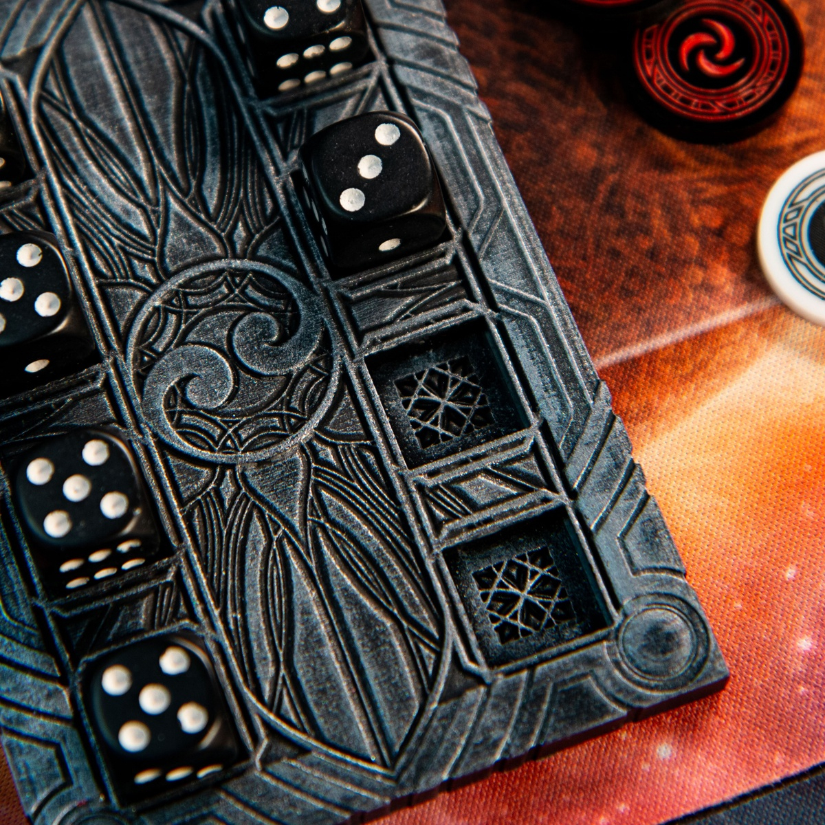 Close up of the design in the Majestic Dice Board - Battleworn Edition's dice recesses