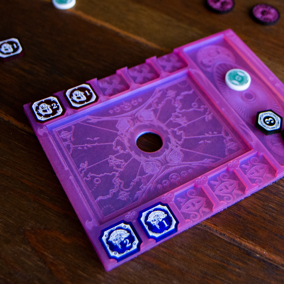 Dream Mythos Board at a dynamic angle with two Damage Tokens, two Sanity Tokens, one Clue Token, and one Resource token displayed in their custom slots