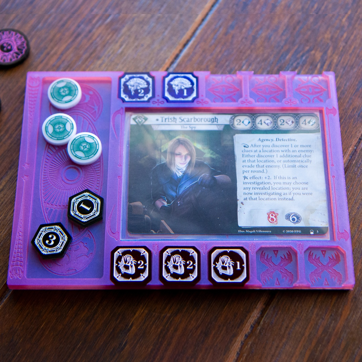 Dream Mythos Board in a neutral position on top of a wooden table, containing a few Clue Tokens, Resource Tokens, Sanity Tokens, and Damage Tokens from the Investigator Mythos Token Set and displaying the Arkham Horror LCG card, Trish Scarborough