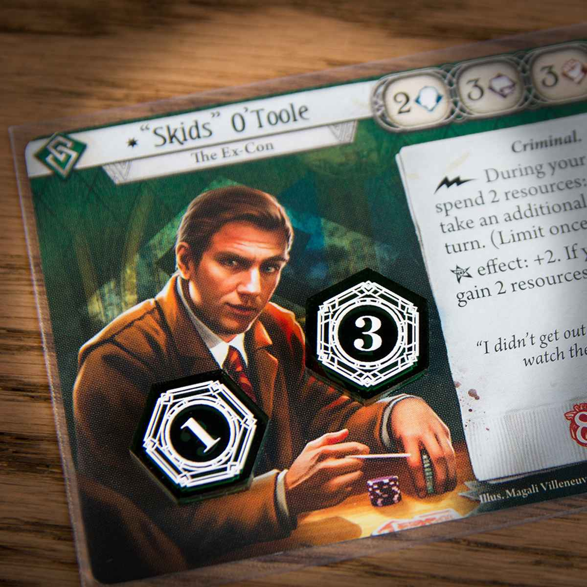 A one-value Resource Token and a three-value Resource Token on the Arkham Horror LCG card, Skids O’Toole